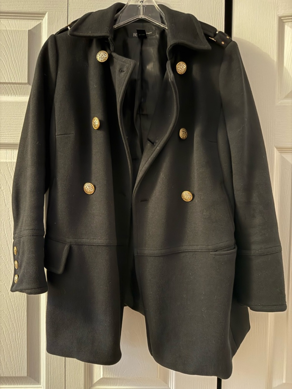 INC International Concepts Black Double-Breasted Pea Coat with Gold Buttons